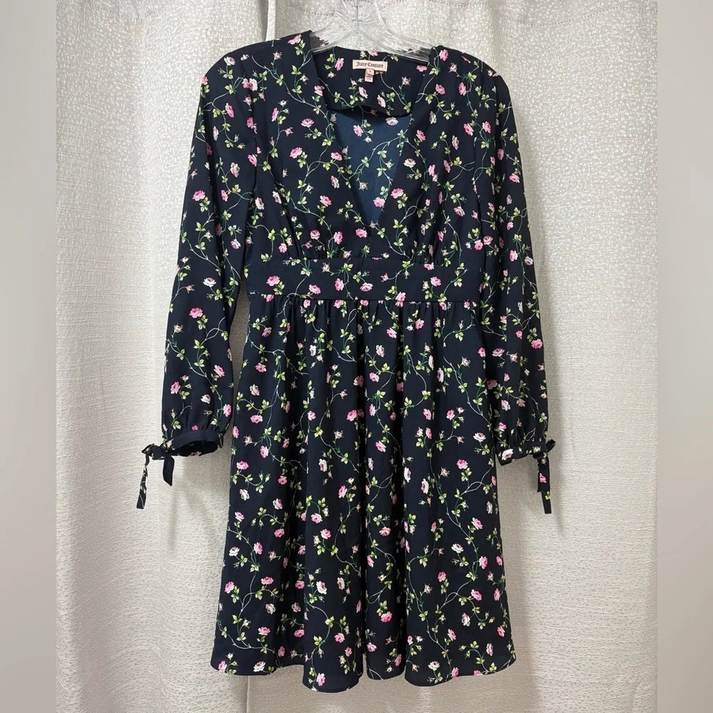 90’sJuicy Couture Women’s Blue Dress with Pink Floral Size 2 Preppy,Y2K Babydoll